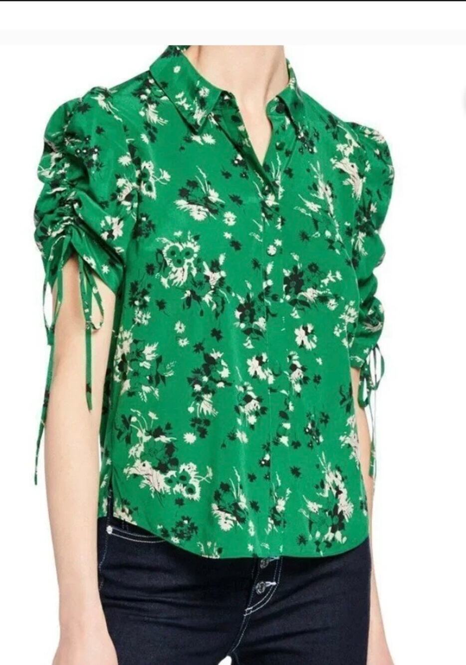 Veronica Beard Carmine ruched-sleeve silk button-front blouse Size 0 $395